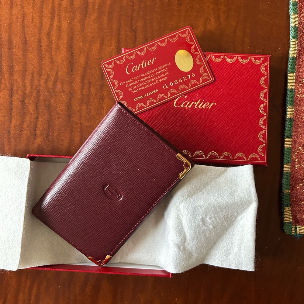 Cartier Deep Red Leather Card Holder with Gold Accents